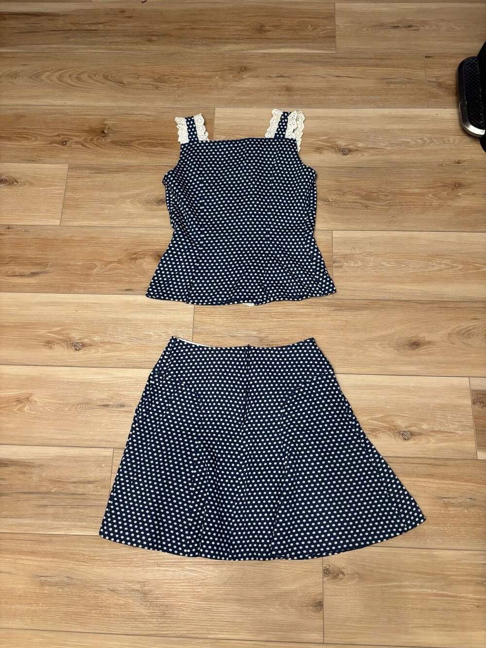 70s Betty Lou of California Vintage Navy White Polka Dot Eyelet Trim Set no size - Picture 9 of 12
